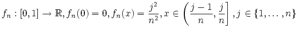 $\displaystyle f_n:[0,1]\to\mathbb{R}, f_n(0)=0, f_n(x) = \frac{j^2}{n^2} , x\in\left(\frac{j-1}n,\frac jn\right], j\in\{1,\dots,n\}
$