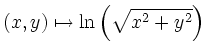 $\displaystyle (x,y)\mapsto\ln\left(\sqrt{x^2+y^2}\right)\,$