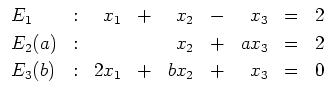 $\displaystyle \begin{array}{lcrcrcrcl}
E_1 & : & x_1 & + & x_2 & - & x_3 & = &...
... & = & 2 \\ [0.1cm]
E_3(b) & : & 2x_1 & + & bx_2 & + & x_3 & = & 0
\end{array} $