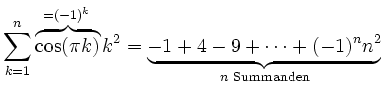 $\displaystyle \sum_{k=1}^n \overbrace{\cos (\pi k)}^{=(-1)^k} k^2
=\underbrace{-1+4-9+\dots +(-1)^n n^2}_{n\text{ Summanden}}
$