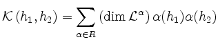 $\displaystyle {\cal K}\left(h_1,h_2\right)=\sum\limits_{\alpha\in R}{\left(\operatorname{dim}{\cal L}^\alpha\right)\alpha(h_1)\alpha(h_2)}$