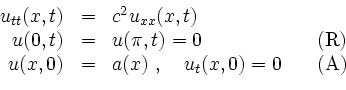 \begin{displaymath}
\begin{array}{rcll}
u_{tt}(x,t) & = & c^2u_{xx}(x,t) \\ 
...
... & = & a(x)\ ,\quad u_t(x,0)=0 & \quad\text{(A)}
\end{array}
\end{displaymath}