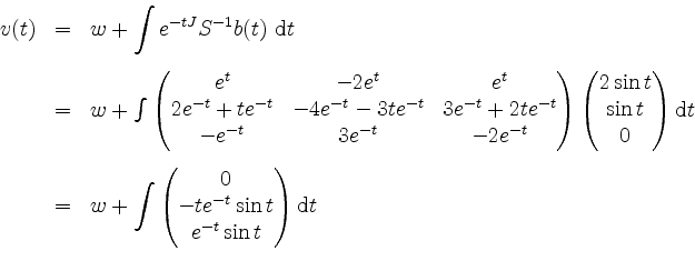 \begin{displaymath}
\begin{array}{rcl}
v(t) & = & w+\displaystyle\int e^{-tJ}S^{...
...e^{-t}\sin t\\ e^{-t}\sin t\end{pmatrix}\mathrm{d}t
\end{array}\end{displaymath}