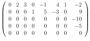 $\displaystyle \left(\begin{array}{rrrrrrrr}
0&2&3&0&-1&4&1&-2\\
0&0&0&1&5&-3&0&9\\
0&0&0&0&0&0&0&-10\\
0&0&0&0&0&0&0&-5\\
0&0&0&0&0&0&0&0 \end{array}\right)
$
