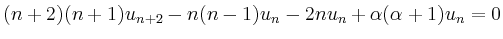 $\displaystyle (n+2)(n+1)u_{n+2}-n(n-1)u_n-2nu_n+\alpha(\alpha+1)u_n=0
$