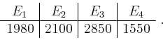 \begin{displaymath}
\begin{array}{c\vert c\vert c\vert c}
E_1 & E_2 & E_3 & E_4 \\
\hline
1980 & 2100 & 2850 & 1550
\end{array}\ .
\end{displaymath}