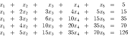 \begin{displaymath}
\begin{array}{rcrcrcrcrcc}
x_1 & + & x_2 & + & x_3 & + & ...
...& + & 15x_3 & + & 35x_4 & + & 70x_5 & = & 126\\
\end{array}
\end{displaymath}