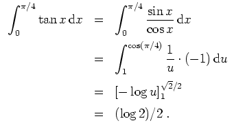 $ \mbox{$\displaystyle
\begin{array}{rcl}
\displaystyle\int _0^{\pi/4}\tan x\,{...
...
&=& [-\log u]_1^{\sqrt{2}/2}\vspace*{2mm}\\
&=& (\log 2)/2 \;.
\end{array}$}$
