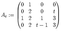 $\displaystyle A_t:=\left(\begin{matrix}
0 & 1 & 0 & 0 \\
0 & 2 & 0 & t \\
1 & 2 & 1 & 3 \\
0 & 2 & t-1 & 3 \\
\end{matrix}\right)
$
