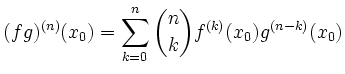 $\displaystyle (fg)^{(n)}(x_0) = \sum_{k=0}^{n} \binom{n}{k} f^{(k)}(x_0)g^{(n-k)}(x_0)
$