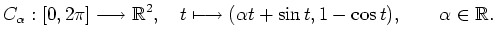 $\displaystyle C_\alpha: [0, 2\pi]\longrightarrow \mathbb{R}^2, \quad t\longmapsto
(\alpha t+\sin t, 1-\cos t), \qquad
\alpha\in\mathbb{R}. $