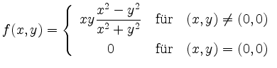 $\displaystyle f(x,y) = \left\{ \begin{array}{c@{\quad}c@{\quad}c}
xy\dfrac{x^2-...
...& (x,y) \neq (0,0)\\ [2ex]
0 & {\mbox{fr}} & (x,y) = (0,0)
\end{array} \right.$