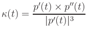 $\displaystyle \kappa(t)=\frac{p'(t)\times p''(t)}{\vert p'(t)\vert^3} $