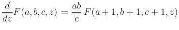 $\displaystyle \frac{d}{dz} F(a,b,c,z) = \frac{ab}{c}\,F(a+1,b+1,c+1,z)
$