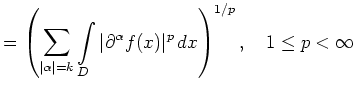$\displaystyle = \left(\sum_{\vert\alpha\vert= k} \int\limits_D\vert\partial^\alpha f(x)\vert^p\,dx\right)^{1/p},\quad 1\le p<\infty$