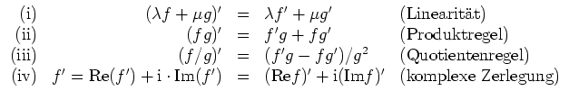 $ \mbox{$\displaystyle
\begin{array}{rrcll}
{\mbox{(i)}} & (\lambda f+\mu g)' &...
...rm{i}({\operatorname{Im}}f)' & {\mbox{(komplexe Zerlegung)}} \\
\end{array}$}$