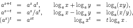 \begin{displaymath}
\begin{array}{rclrcl}
a^{s+t} &=& a^s \,a^t,\quad &
\log_a ...
...t &=& a^{st}\,\quad &
\log_a x^t &=& t \log_a x\,
.
\end{array}\end{displaymath}