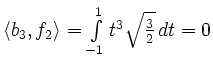 $ \left<b_3,f_2\right>=\int\limits_{-1}^1t^3\sqrt{\frac32}\,dt = 0$