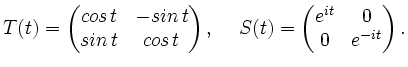 $\displaystyle T(t) = \begin{pmatrix}cos \, t & -sin \, t\\ sin \, t & cos \,
t...
...x},\hspace{0.5cm} S(t) = \begin{pmatrix}e^ {it} & 0\\ 0 & e^{-it}\end{pmatrix}.$