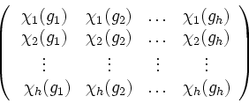\begin{displaymath}
\left(
\begin{array}{cccc}
\chi_1(g_1)&\chi_1(g_2) & \ldots ...
..._h(g_1)&\chi_h(g_2) & \ldots & \chi_h(g_h)
\end{array} \right)
\end{displaymath}