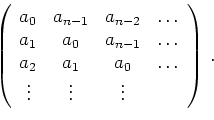 \begin{displaymath}
\left(
\begin{array}{cccc}
a_0 & a_{n-1} & a_{n-2} & \ldots\...
... & \ldots\\
\vdots & \vdots & \vdots &
\end{array}\right)\,.
\end{displaymath}