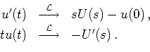 \begin{displaymath}
\begin{array}{rcl}
u^\prime(t)
&\overset{\mathcal{L}}{\long...
...set{\mathcal{L}}{\longrightarrow}&
-U^\prime(s)
\,.
\end{array}\end{displaymath}