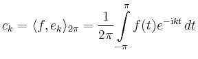 $\displaystyle c_k = \langle f,e_k \rangle_{2\pi} = \frac{1}{2\pi}\int\limits_{-\pi}^\pi
f(t)e^{-\mathrm{i}kt}\,dt
$