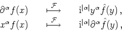 \begin{displaymath}
\begin{array}{rcl}
\partial^\alpha f(x)
\quad &\overset{\ca...
...}^{\vert\alpha\vert} \partial^\alpha \hat{f}(y)
\,,
\end{array}\end{displaymath}