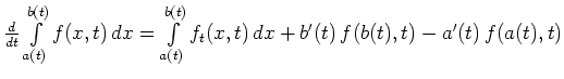 $ \frac{d}{dt}\int\limits_{a(t)}^{b(t)} f(x,t)\, dx
= \int\limits_{a(t)}^{b(t)} f_t(x,t)\, dx
+ b^\prime(t)\, f(b(t),t) - a^\prime(t)\, f(a(t),t)$