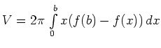 $ V=
2\pi\,\int\limits_{0}^{b} x(f(b)-f(x))\,dx$