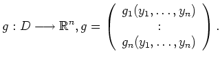 $\displaystyle g: D \longrightarrow \mathbb{R}^n , g = \left ( \begin{array}{c} g_1(y_1,\ldots , y_n)
\\ : \\ g_n(y_1, \ldots , y_n) \end{array} \right ) .$