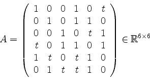 \begin{displaymath}A =
\left(
\begin{array}{rrrrrr}
1 & 0 & 0& 1& 0& t \\
0 ...
... 1 & t& t& 1& 0 \\
\end{array}\right)\in\mathbb{R}^{6\times 6}\end{displaymath}