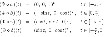 \begin{displaymath}
\begin{array}{rcll}
(\Phi\circ\alpha)(t) &=& (0,\; 0,\; 1)^\...
...\cos t)^\mathrm{t}\; , & t\in [-\frac{\pi}{2},0]\;.
\end{array}\end{displaymath}