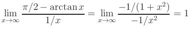 $\displaystyle \lim_{x\to\infty} \frac{\pi/2-\arctan x}{1/x} = \lim_{x\to\infty}
\frac{-1/(1+x^2)}{-1/x^2} = 1 $