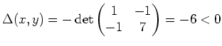 $ \mbox{$\Delta(x,y) = -\det\left(\begin{matrix}1 & -1 \\  -1 & 7\end{matrix}\right) = -6 < 0$}$