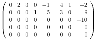 $\displaystyle \left(\begin{array}{rrrrrrrr}
0&2&3&0&-1&4&1&-2\\
0&0&0&1&5&-3&0&9\\
0&0&0&0&0&0&0&-10\\
0&0&0&0&0&0&0&0\\
0&0&0&0&0&0&0&0 \end{array}\right)
$