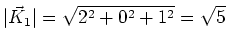 $\displaystyle \vert\vec{K}_1\vert = \sqrt{2^2 + 0^2 + 1^2} = \sqrt{5}
$