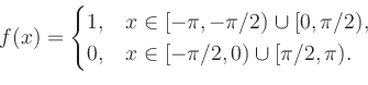 \begin{displaymath}
f(x)=
\begin{cases}
1, & x\in[-\pi,-\pi/2)\cup[0,\pi/2),
\\
0, & x\in[-\pi/2,0)\cup[\pi/2,\pi).
\end{cases}\end{displaymath}
