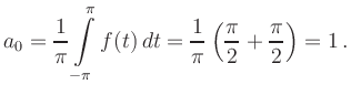 $\displaystyle a_0 = \frac{1}{\pi} \int\limits_{-\pi}^\pi f(t)\,dt
= \frac{1}{\pi}\left(
\frac{\pi}{2}+\frac{\pi}{2}\right) = 1
\,.
$