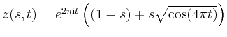 $ z(s,t)=e^{2\pi\mathrm{i}t}\left((1-s)+s\sqrt{\cos(4\pi
t)}\right)$