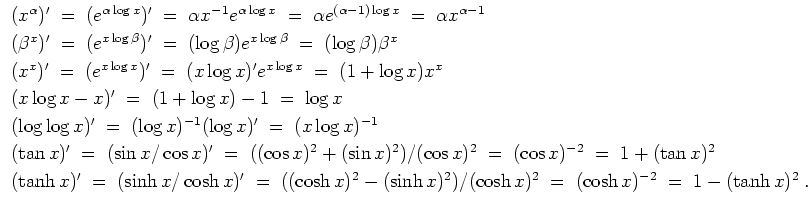 $ \mbox{$\displaystyle
\begin{array}{l}
(x^\alpha)' \;=\; (e^{\alpha\log x})' \...
... x)^2 \;=\; (\cosh x)^{-2} \;=\; 1-(\tanh x)^2\;.\vspace{1mm}\\
\end{array}$}$