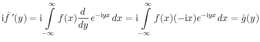 $\displaystyle \mathrm{i}\hat{f}\,'(y) = \mathrm{i}\int\limits_{-\infty}^\infty ...
...\limits_{-\infty}^\infty
f(x) (-\mathrm{i}x)e^{-\mathrm{i}yx}\,dx = \hat{g}(y)
$