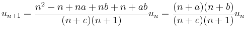 $\displaystyle u_{n+1} =\frac{n^2-n+na+nb+n+ab}{(n+c)(n+1)}u_n=
\frac{(n+a)(n+b)}{(n+c)(n+1)}u_n
$