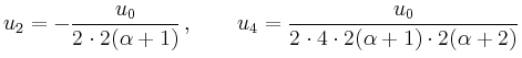 $\displaystyle u_2 = -\frac{u_0}{2 \cdot 2 (\alpha+1)} \,, \qquad u_4 = \frac{u_0}{2 \cdot 4
\cdot 2 (\alpha+1)\cdot 2 (\alpha+2)}
$