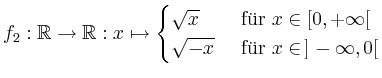 $ f_2: \mathbb{R} \rightarrow \mathbb{R} : x \mapsto \begin{cases}\sqrt{x} & \te...
...in [0,+\infty[ \\ \sqrt{-x} & \text { f''ur } x \in\, ]-\infty, 0[ \end{cases} $