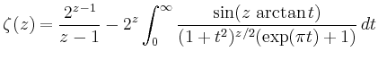 $\displaystyle \zeta(z)=
\frac{2^{z-1}}{z-1}-2^z\int_0^\infty
\frac{\sin(z\,\arctan t)}{(1+t^2)^{z/2}
(\exp(\pi t)+1)} \, dt
$