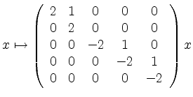 $ x
\mapsto \left(\begin {array}{ccccc} 2 & 1 & 0 & 0 & 0 \\ 0 & 2 & 0 & 0 & 0 \...
...0 & -2 & 1 & 0 \\ 0 & 0 & 0 & -2 & 1 \\ 0 & 0 & 0 & 0 & -2
\end{array} \right)x$