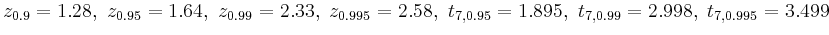 $ z_{0.9}=1.28,\ z_{0.95}=1.64,\ z_{0.99}=2.33,\ z_{0.995}=2.58,\ t_{7,0.95}=1.895,\ t_{7,0.99}=2.998,\ t_{7,0.995}=3.499$
