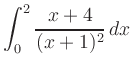 $ \displaystyle{\int_0^2\frac{x+4}{(x+1)^2}\, dx}$