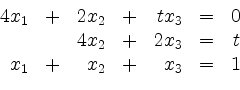 \begin{displaymath}
\begin{array}{rcrcrcc}
4x_1 & + & 2x_2 & + & tx_3 & = & 0...
...x_3 & = & t\\
x_1 & + & x_2 & + & x_3 & = & 1
\end{array}
\end{displaymath}